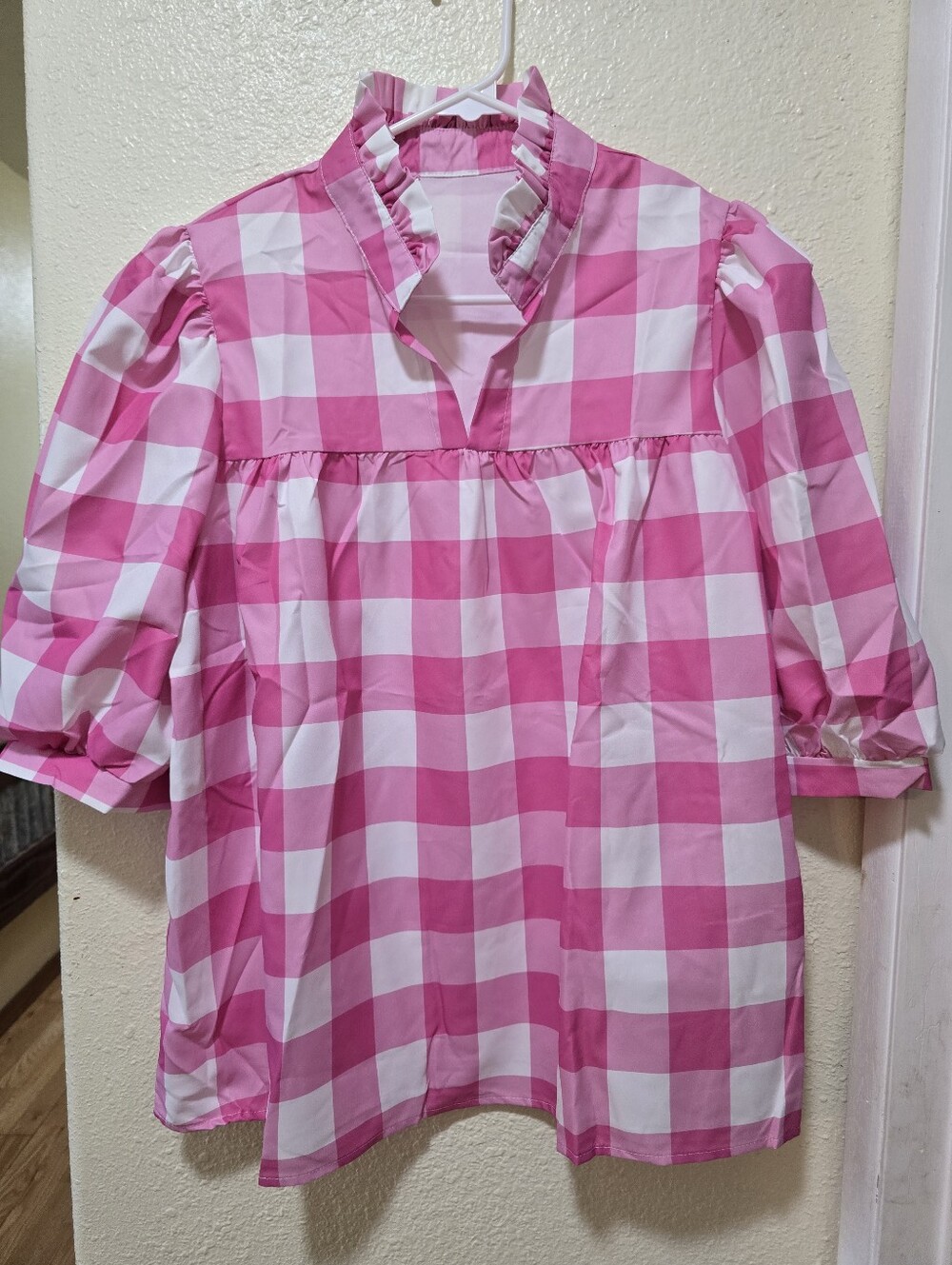 Women's Pink and White Gingham Ruffle Neck Blouse